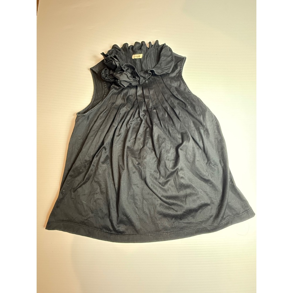 ELIJAH Black Sleeveless Blouse Top with Ruffle Collar and Pleated‎ Detail s